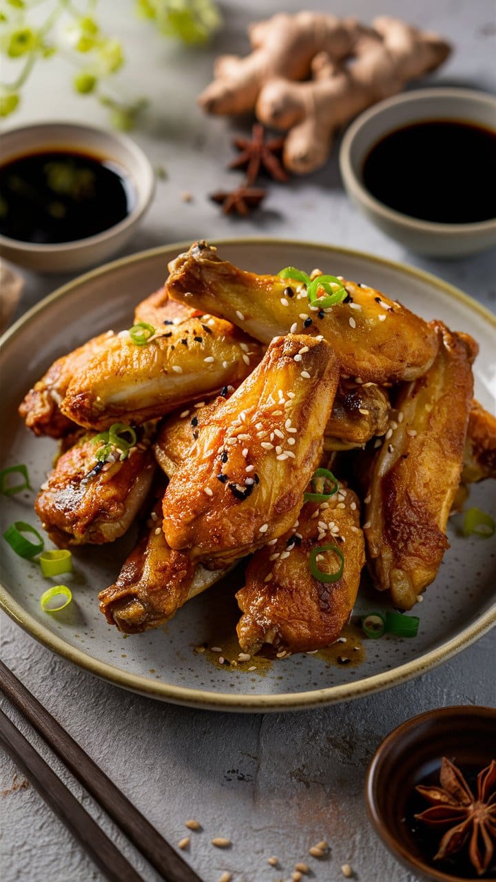 Ailes de poulet grillées au sésame et sauce.