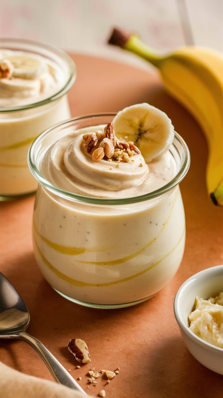 Mousse de banane et noix, bocal transparent.