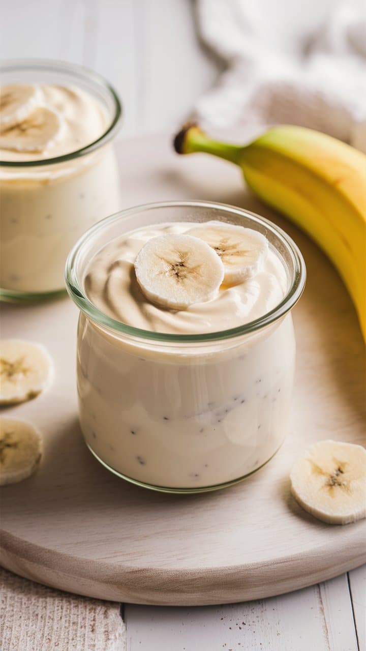 Yaourt banane dans un pot en verre.