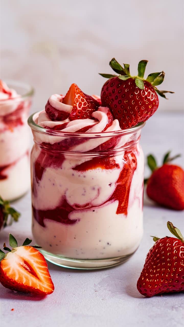 Dessert crémeux aux fraises fraîches dans un pot.