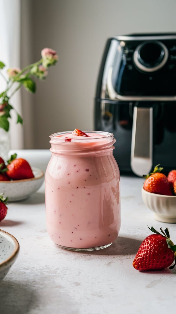 Smoothie fraise dans un bocal en verre.
