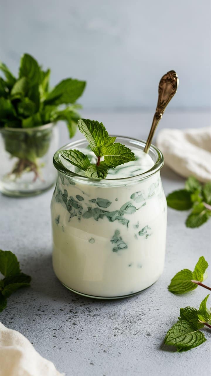 Yaourt à la menthe fraîche dans un pot en verre.