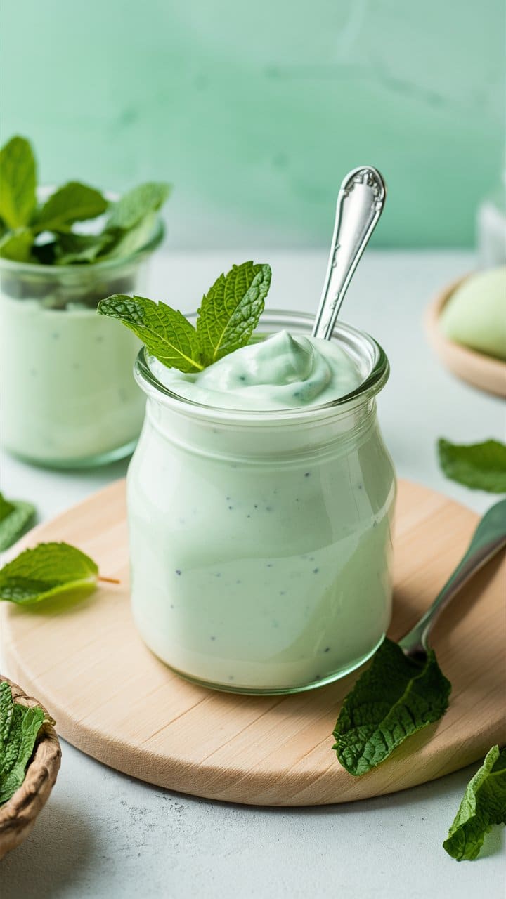 Yaourt à la menthe dans un pot avec feuilles