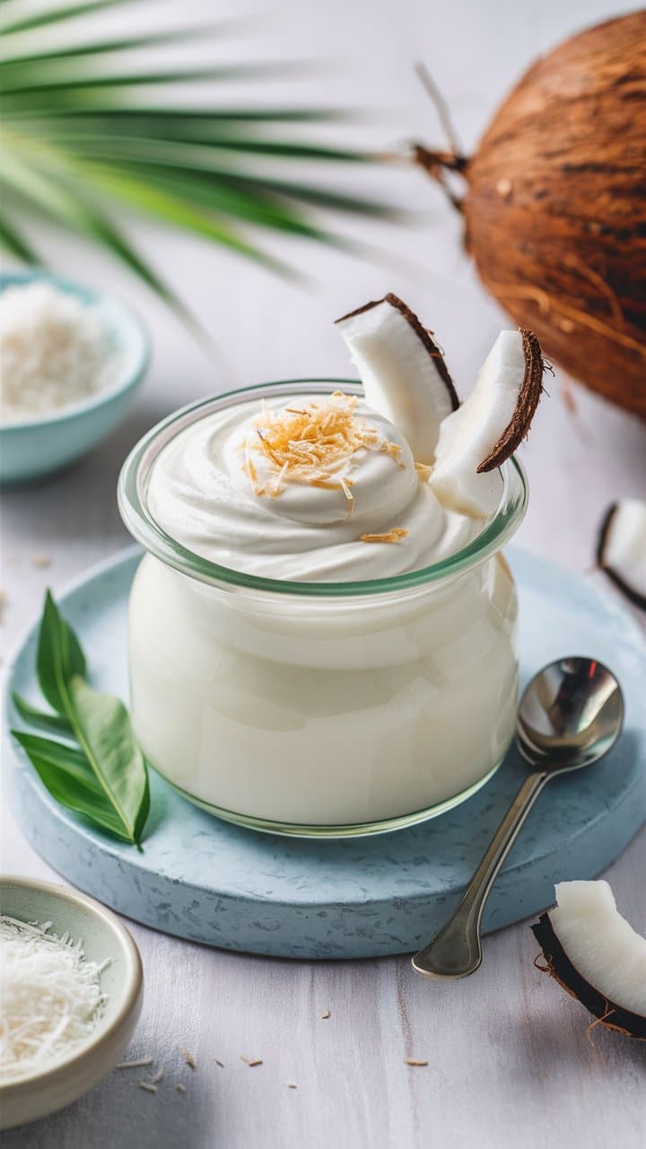 Yaourt coco crémeux avec morceaux sur plateau.