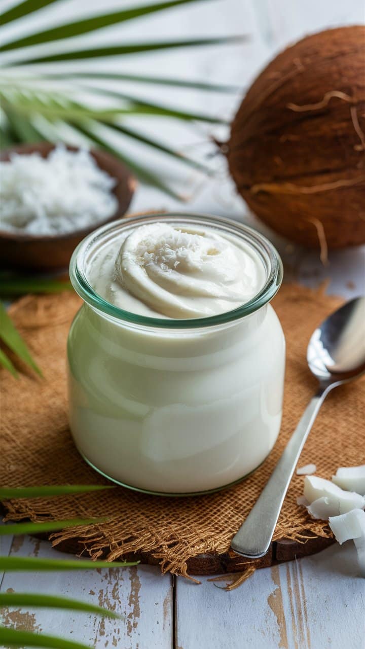Yaourt au lait de coco avec noix de coco.