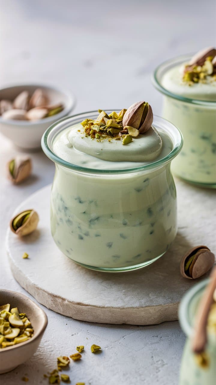 Crème à la pistache dans un pot de verre.