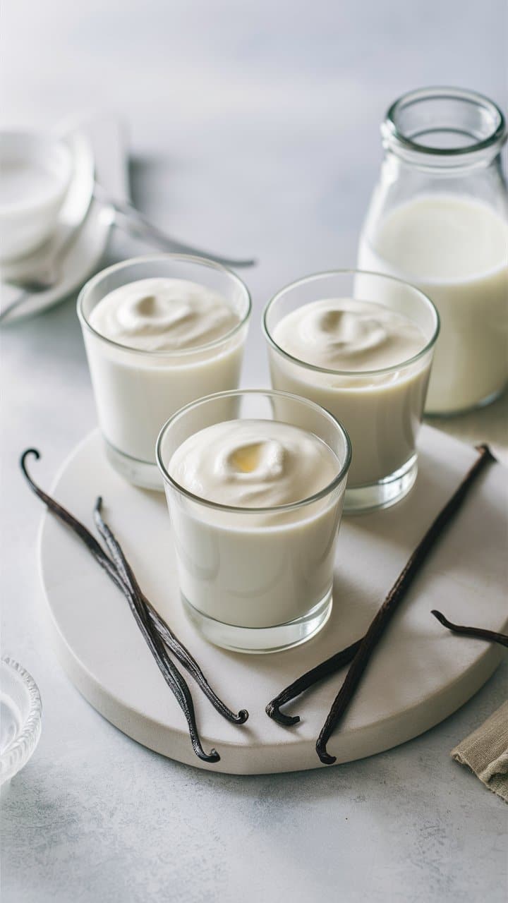 Trois verres de yaourt à la vanille, bouteille lait.