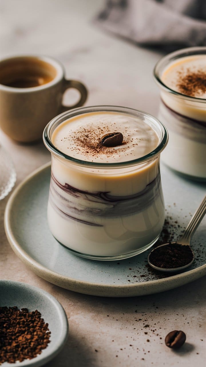 Yaourt marbré au café sur assiette blanche.