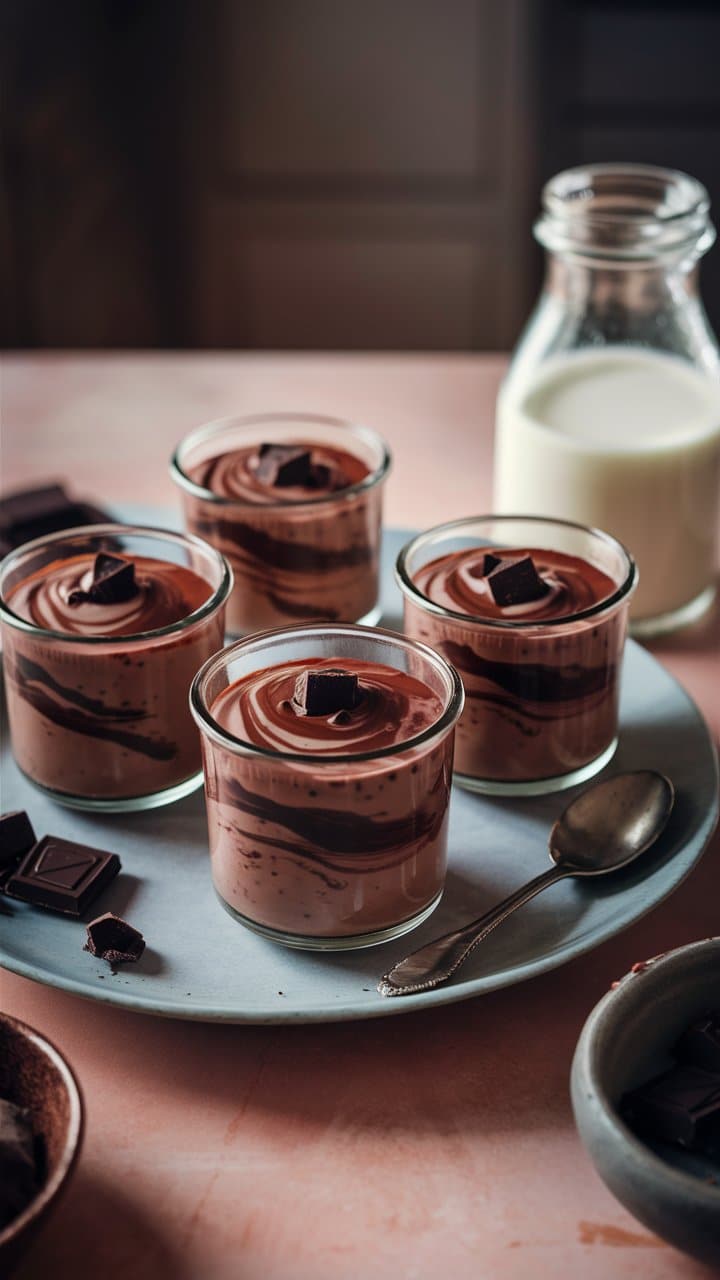 Petits pots de mousse au chocolat sur table.