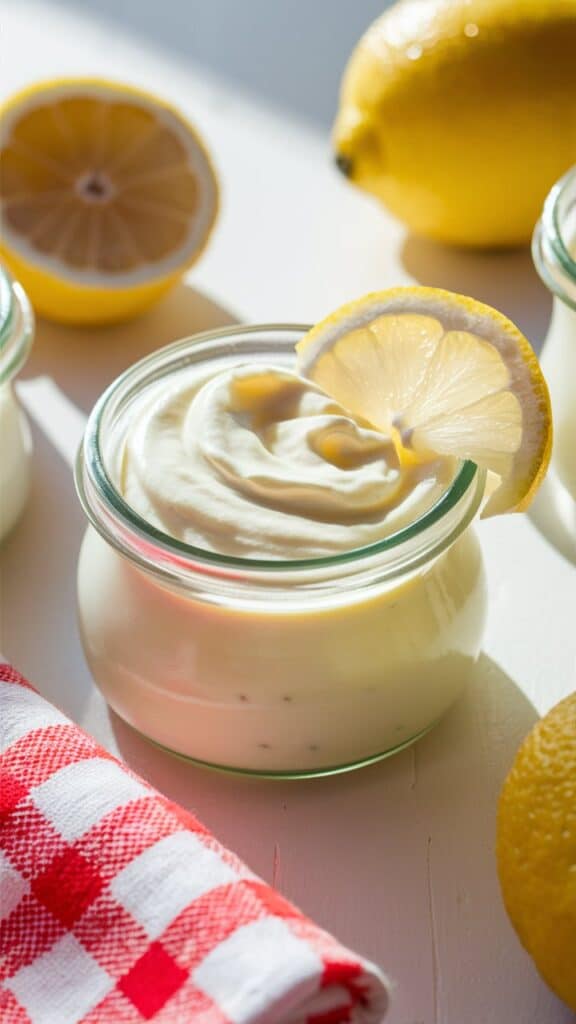 Yaourt au citron avec serviette rouge blanche.