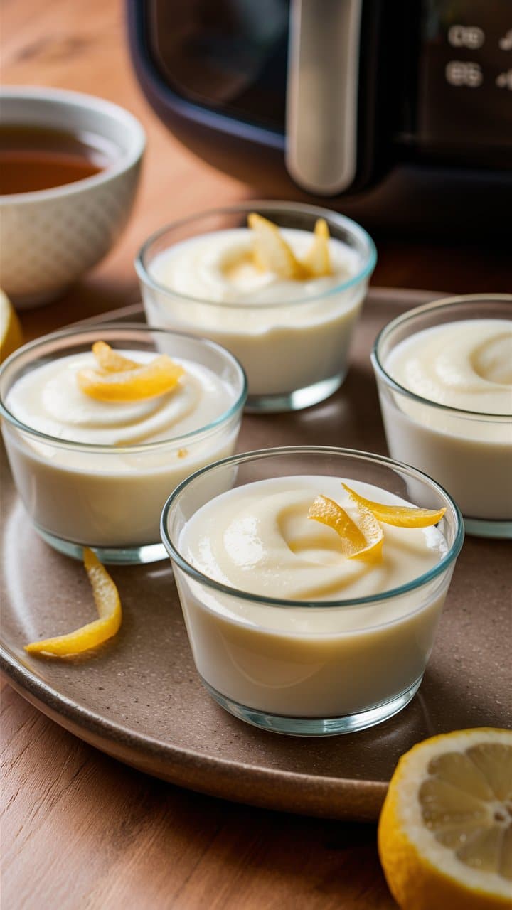 Crèmes citron en verrines sur un plateau.