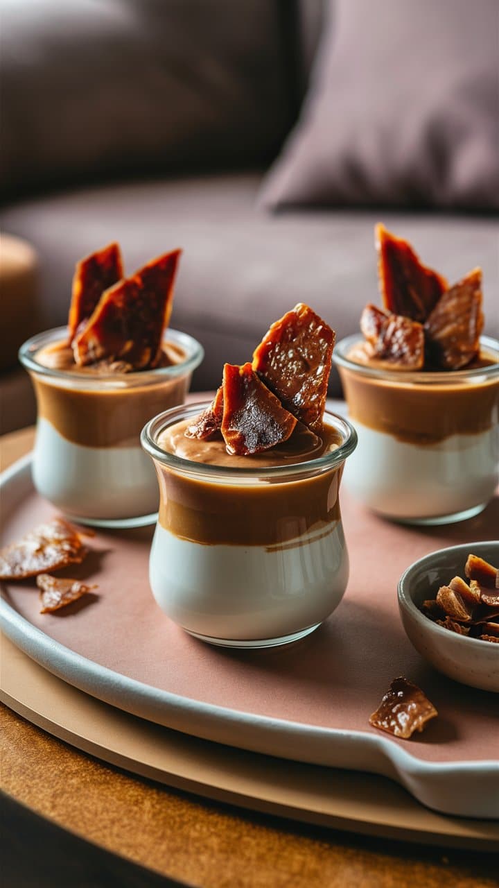 Desserts au caramel et éclats croquants sur plateau