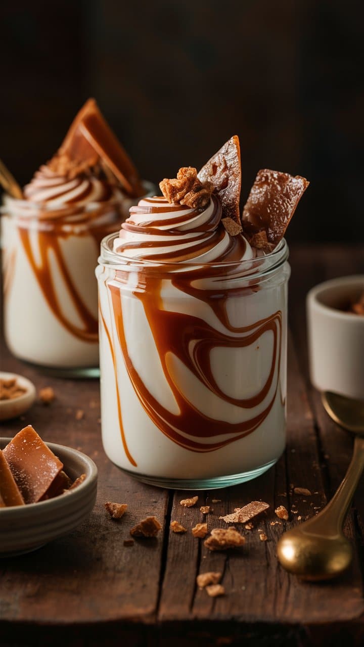 Yaourt caramel dans un pot sur table en bois.
