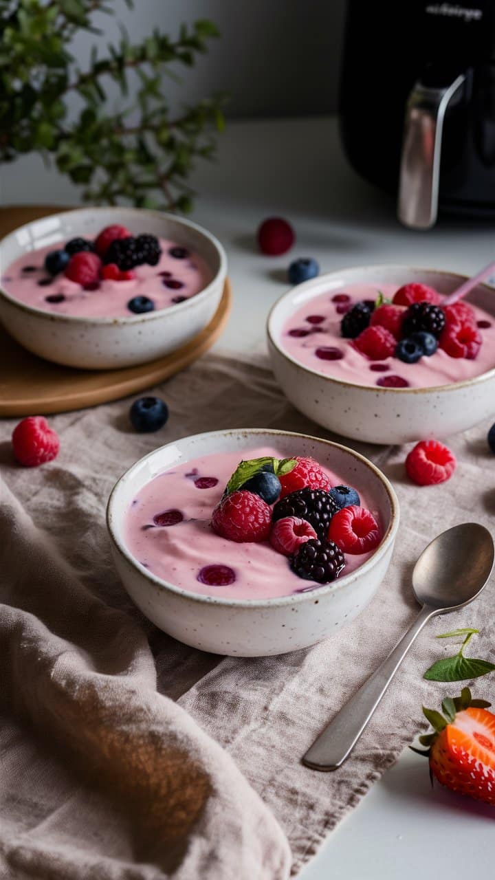 Bols de yaourt rose aux fruits rouges frais.