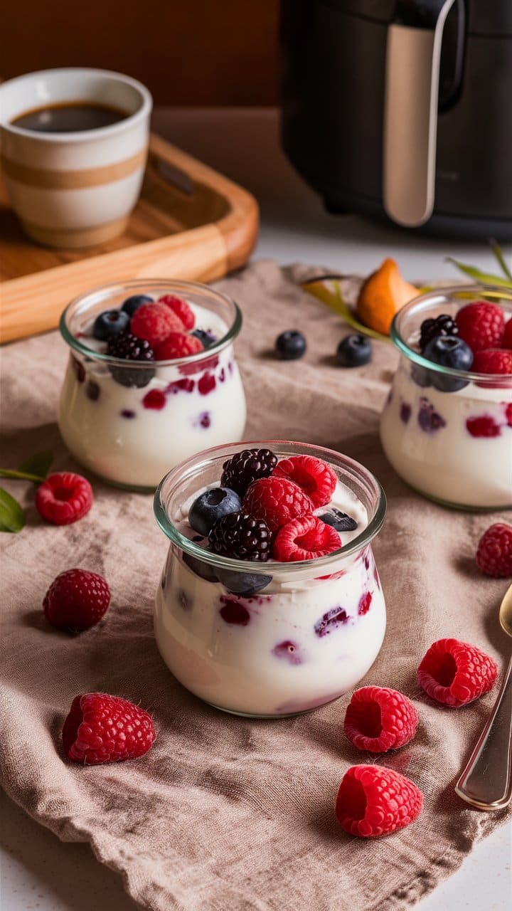 Yaourt aux fruits rouges sur table en bois.