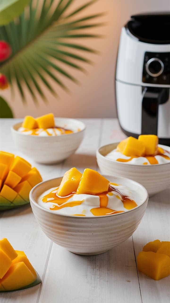Desserts au yaourt et mangue avec sirop, assiettes blanches.