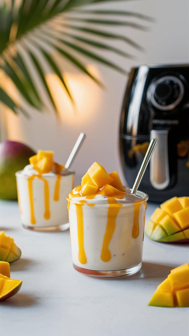 Dessert yogourt mangue devant friteuse.