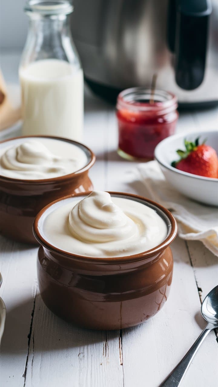 Pots de yaourt avec lait et fraises.