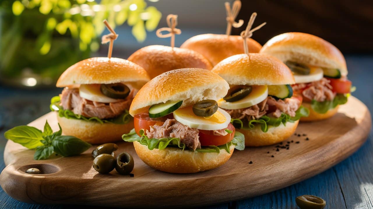 Mini burgers au thon et légumes frais.
