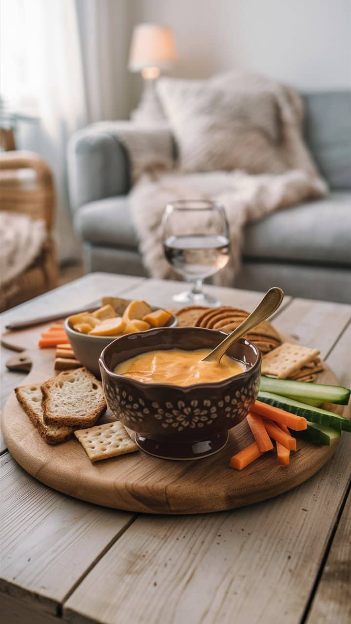 Planche apéritive avec fromage, légumes et crackers.