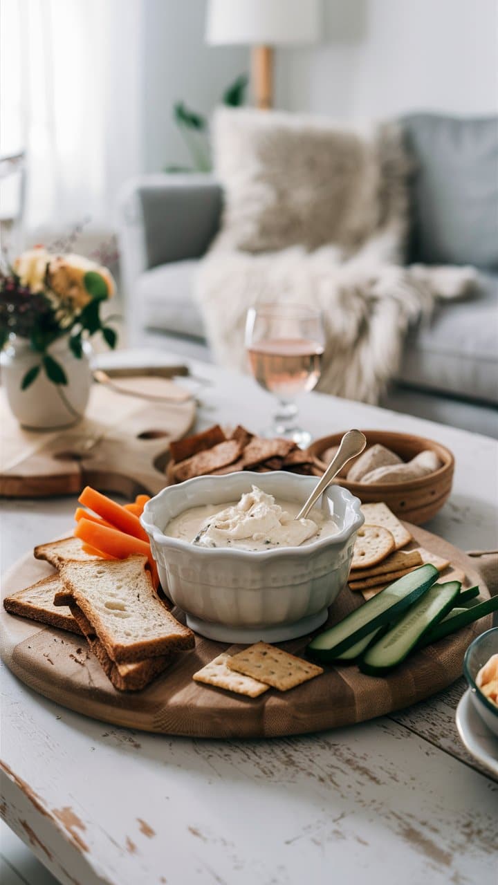 Plateau apéritif avec légumes, pain et sauce.
