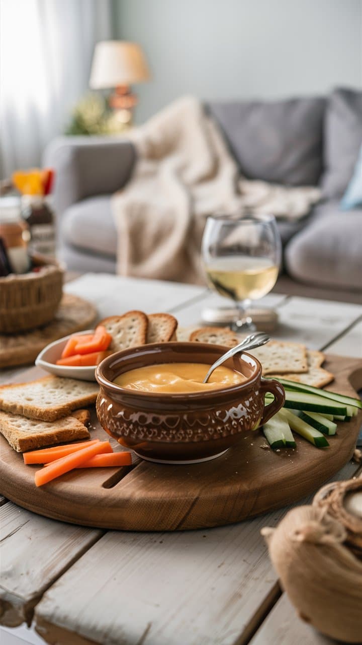 Plateau de légumes, pain et trempette sur table.