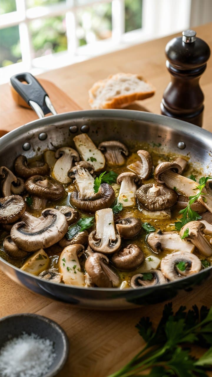Poêlée de champignons avec persil et pain.