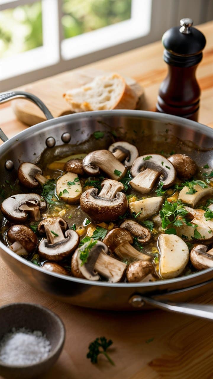 Poêlée de champignons aux herbes en cuisson.