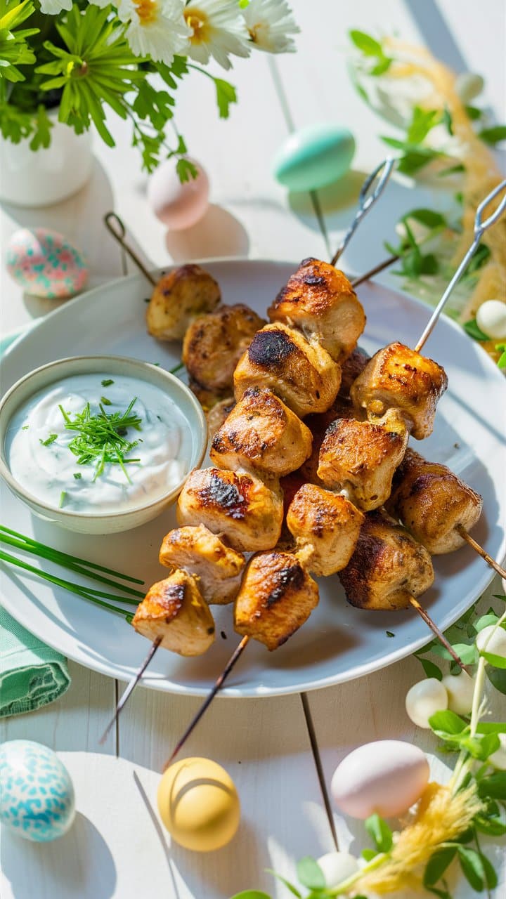 Brochettes de poulet grillé avec sauce blanche.