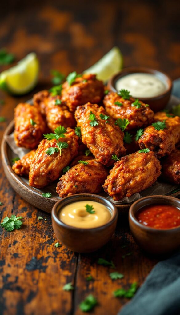 Ailes de poulet épicées avec sauces variées.