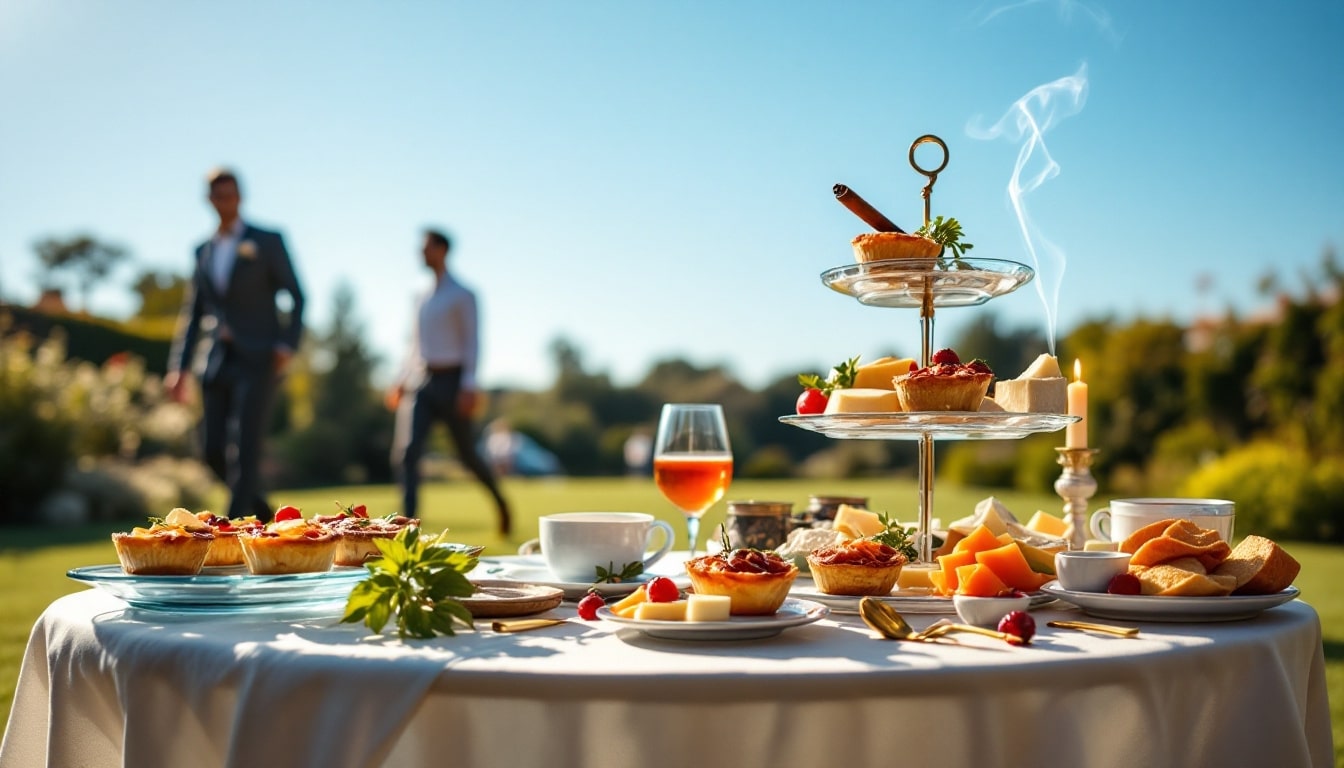 Buffet extérieur avec desserts et boissons sur table.