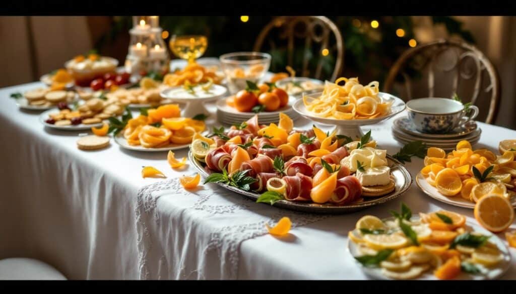 Buffet festif avec fruits et charcuterie.