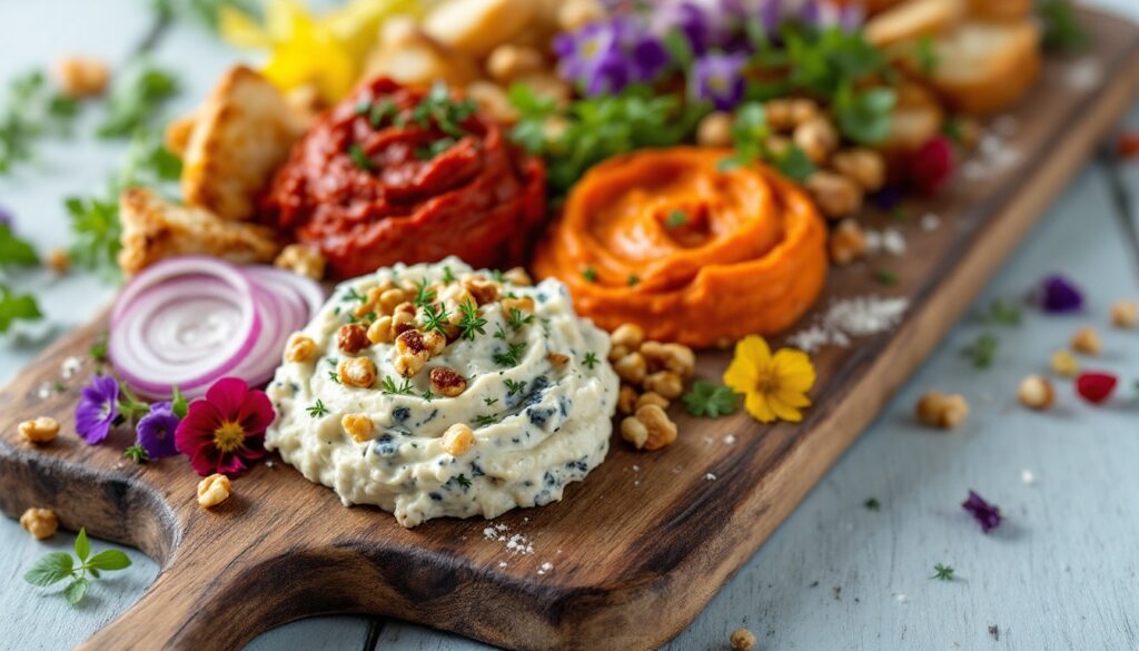 Plateau apéritif avec trois types de houmous et fleurs.