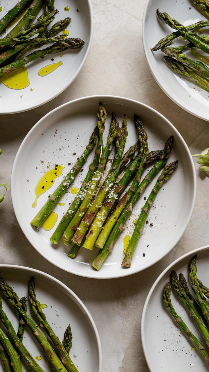 Assiettes d'asperges grillées avec huile et sel.