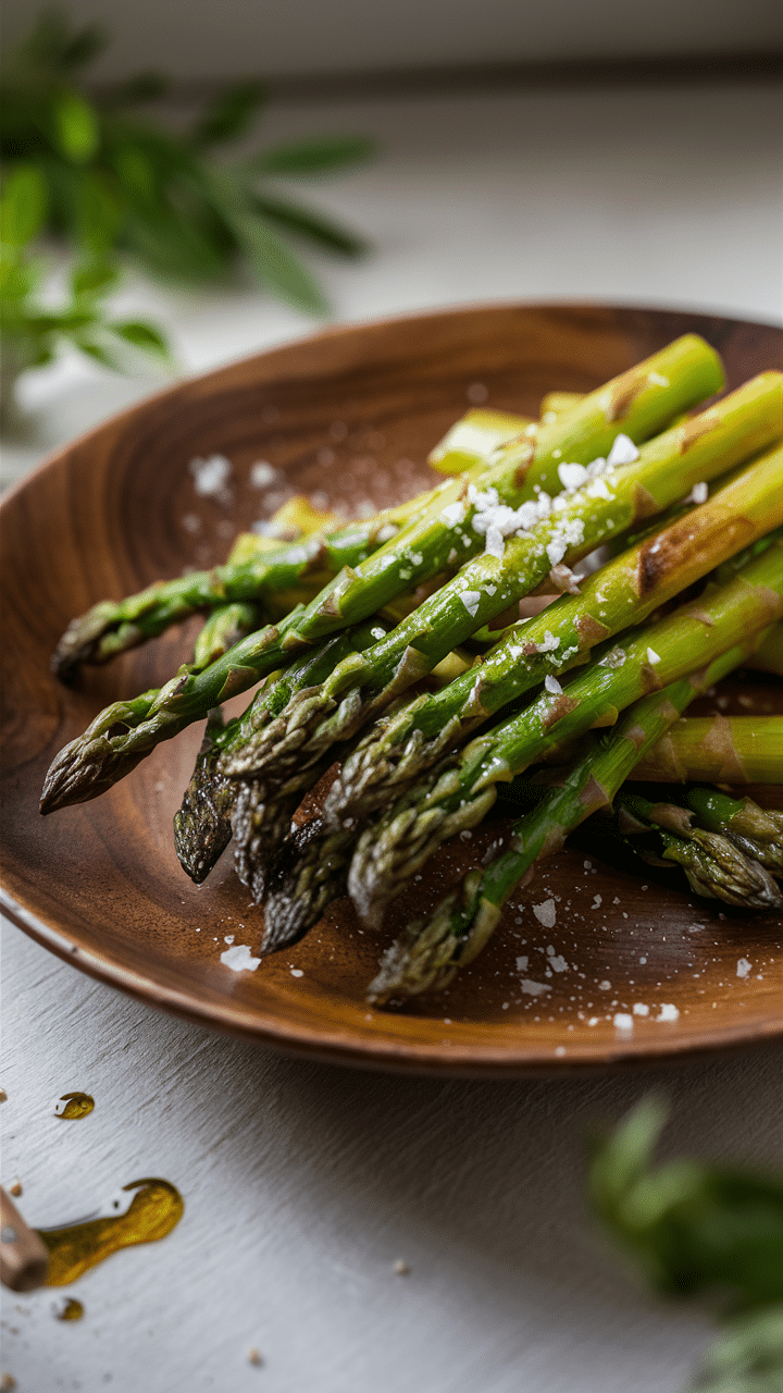 Asperges grillées avec sel sur assiette en bois.