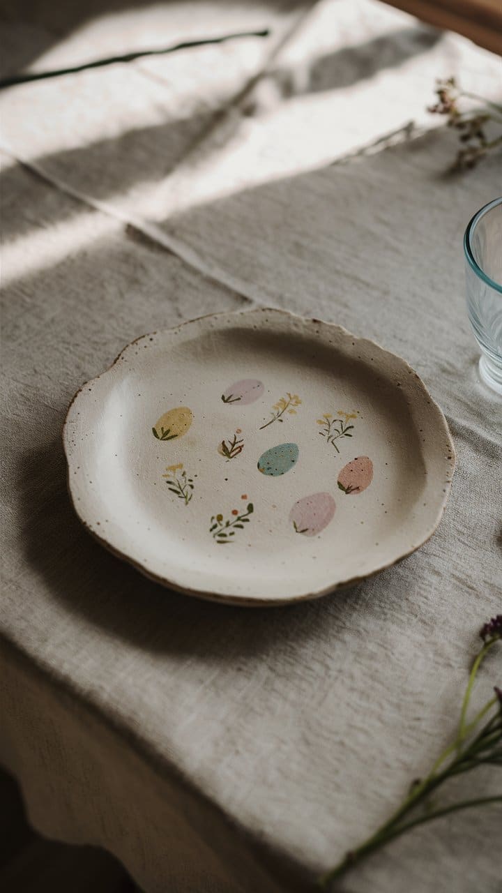 Assiette décorée avec motifs floraux sur table en lin.