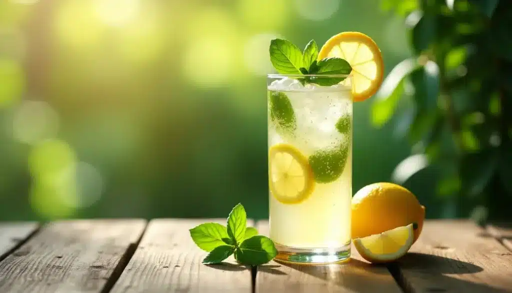 Verre de limonade fraîche avec menthe et citron