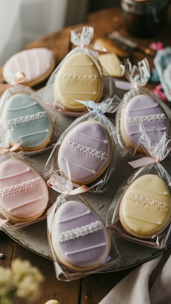 Biscuits œufs de Pâques colorés emballés.