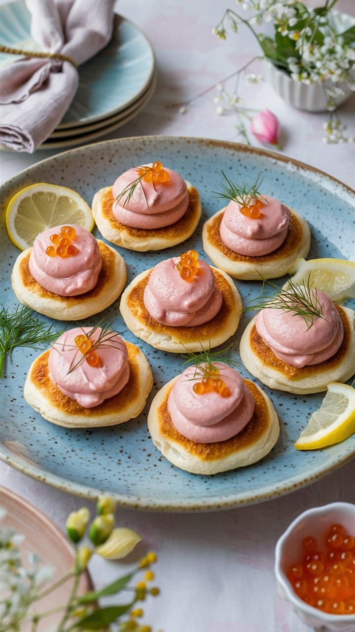 Blinis avec mousse rose et œufs de saumon.