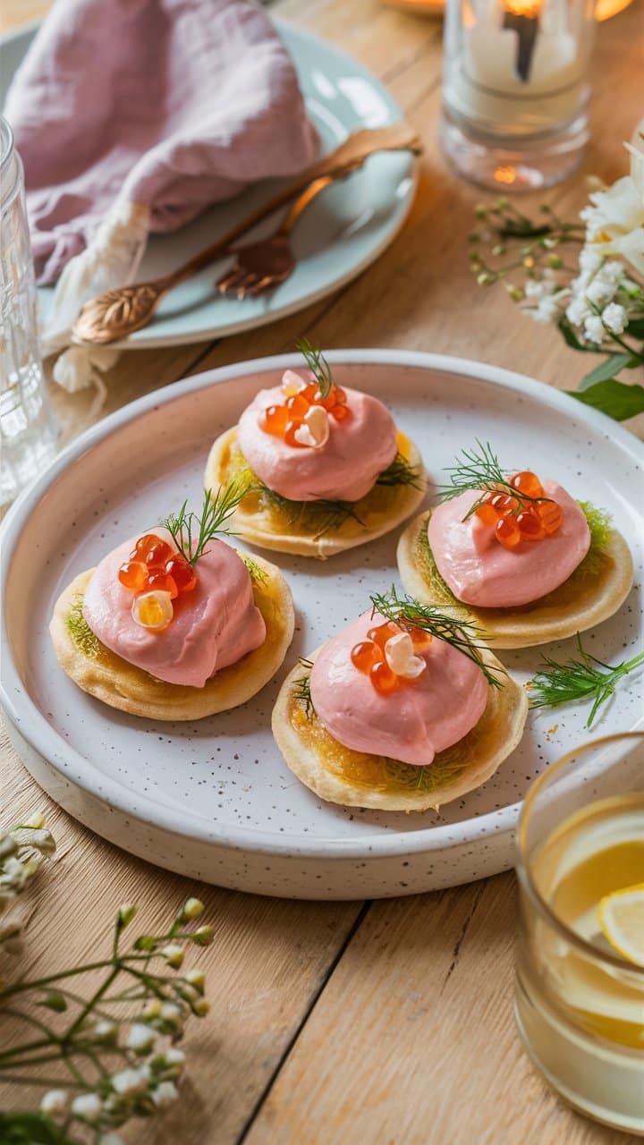 Blinis au saumon fumé et caviar rouge.
