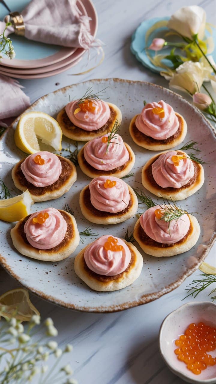 Blinis au saumon, crème et œufs, citron.