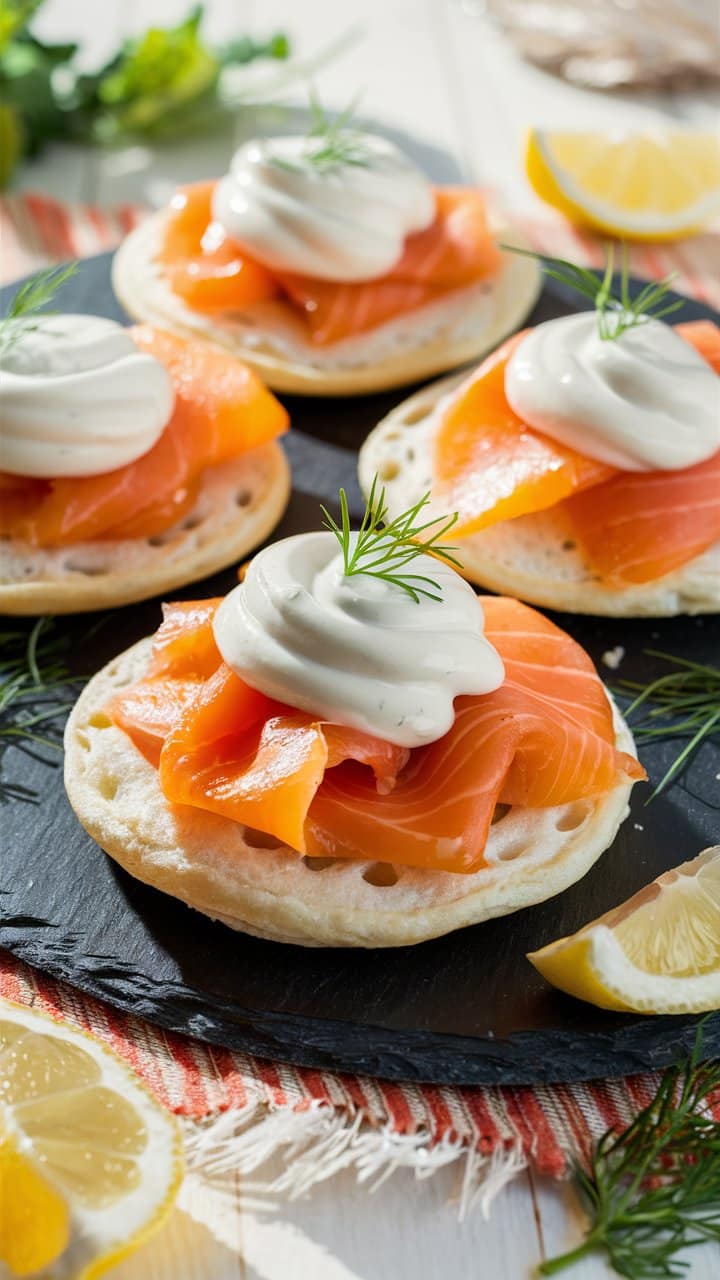Blini au saumon fumé et crème fraîche.