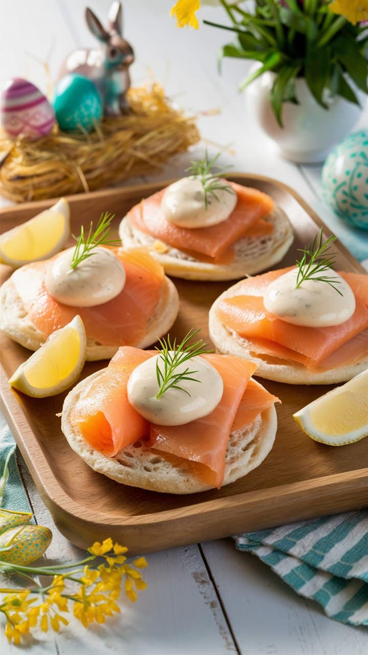 Canapés saumon et crème sur plateau en bois.