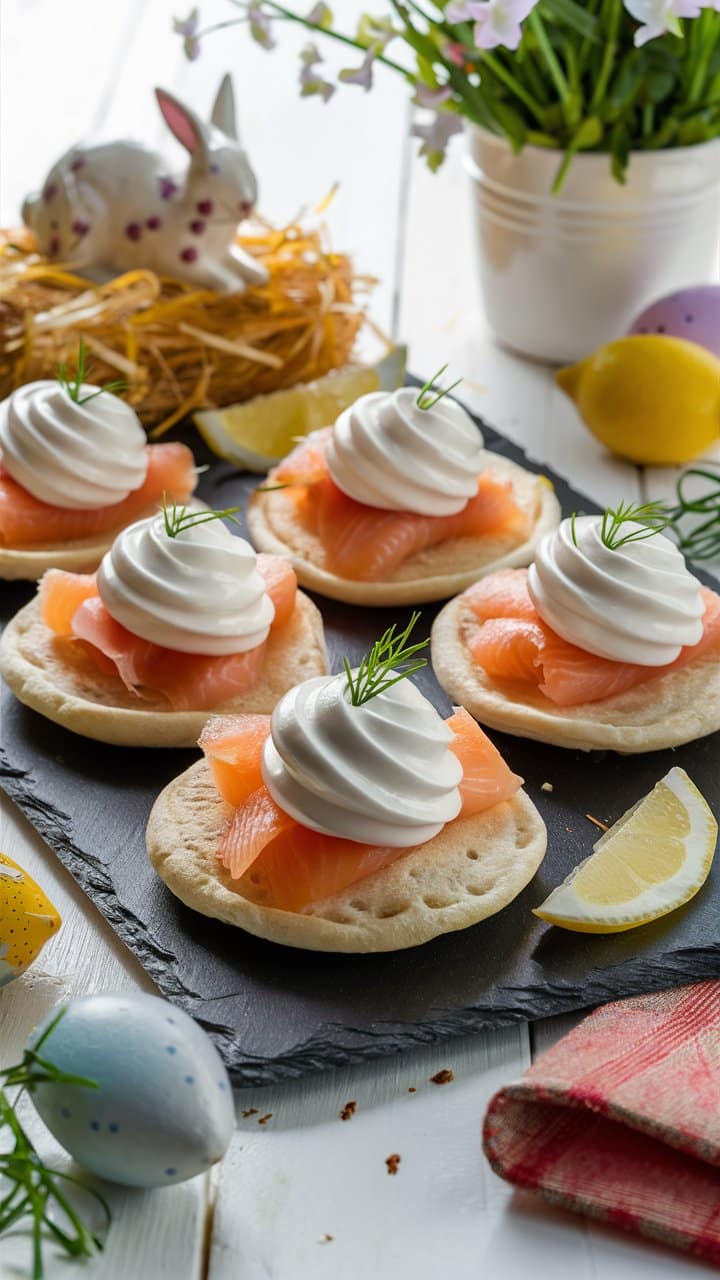 Blinis au saumon, crème et aneth.