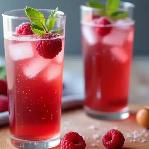 Cocktail framboise glacé, décoré de feuilles de menthe.