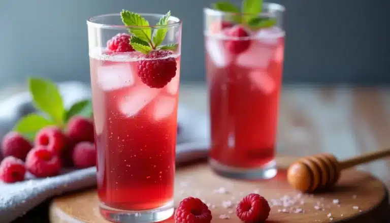 Cocktail framboise glacé, décoré de feuilles de menthe.