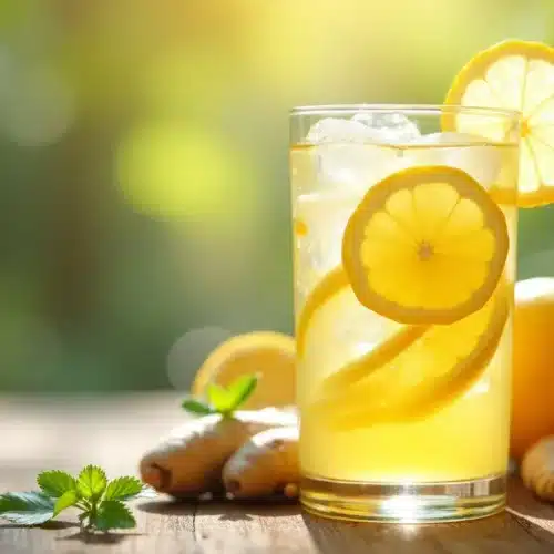 Verre limonade citron gingembre sur table ensoleillée.