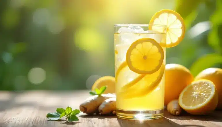 Verre limonade citron gingembre sur table ensoleillée.