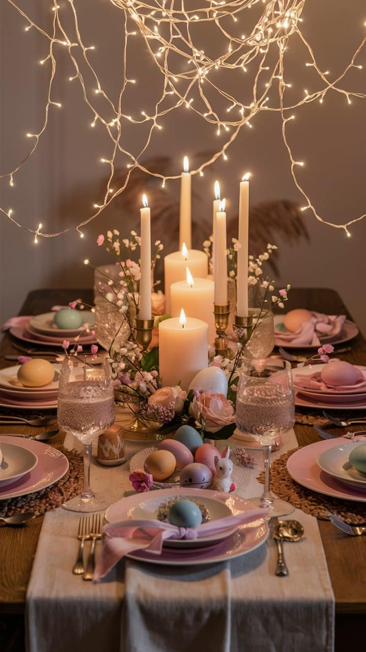 Table décorée de Pâques avec bougies et œufs colorés.
