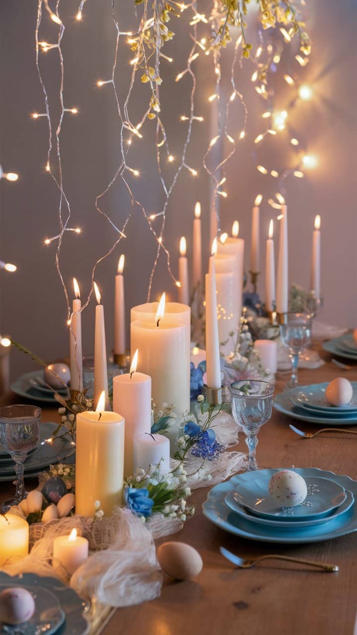 Table décorée avec bougies et œufs de Pâques